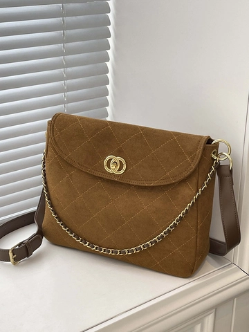 Große Kapazität Gesteppte Umhängetasche Für Damen Retro PU Leder Messenger Bag Mit Goldener Kette Und Doppelringschloss Mode