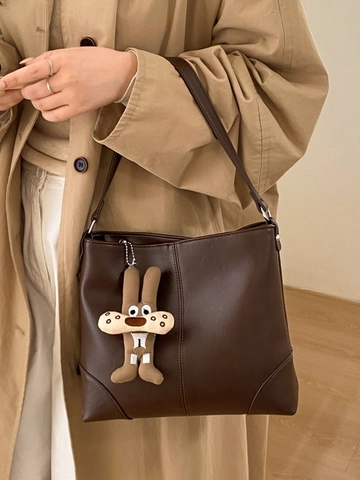 Large Capacity Casual Minimalist PU Leather Tote Bag For Women Vintage Stitching Shoulder Bag With Cute Plush Rabbit Pendant