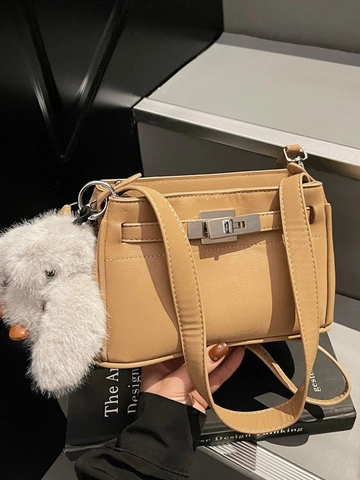 Bolso Bandolera Vintage Estilo Kelly para Mujer Lujo Textura Lichi de Cuero PU Con Colgante de Conejo de Peluche