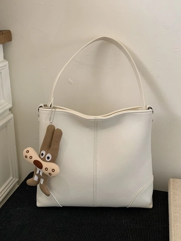 Large Capacity Casual Minimalist PU Leather Tote Bag For Women Vintage Stitching Shoulder Bag With Cute Plush Rabbit Pendant