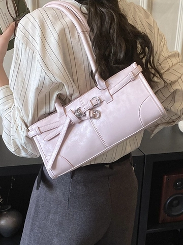 Sac Baguette en Cuir PU pour Femmes Sac à Épaule Sous le Bras Minimaliste Avec Double Boucle Décorative Sac à Main pour le Quotidien