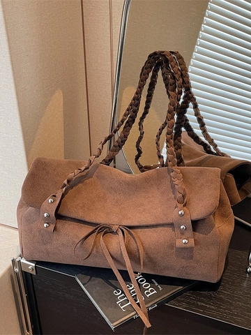 Vintage Flannel Frosted Shoulder Bag For Women Large Capacity Braided Strap Underarm Bag Commuter Tote Fashion Handbag