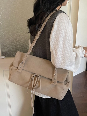 Vintage Flannel Frosted Shoulder Bag For Women Large Capacity Braided Strap Underarm Bag Commuter Tote Fashion Handbag