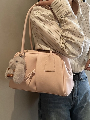 Women Large Capacity PU Leather Boston Bag Streetwear Commuter Shoulder Bag With Rabbit Pendant Pleated Square Handbag