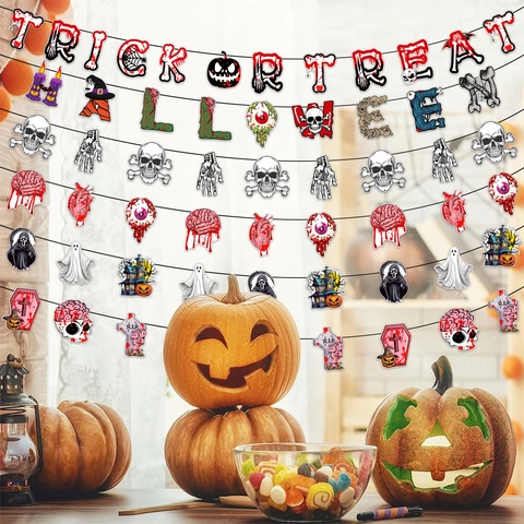 Halloween Horror Banner Set Trick Or Treat Lettering Bloody Skeleton Hand Organ Pull Flag For Party Home Decorations