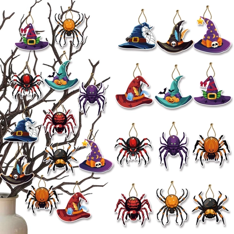Decorazioni Appese per Halloween Cartone Animato Cappello da Mago Ragno Targhette in Cartone Fronte-Retro Con Corda Per Feste