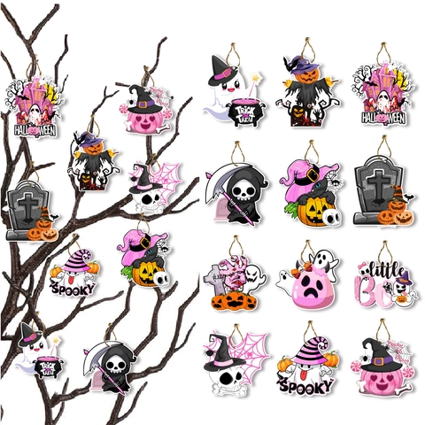 Decorazioni Appese per Halloween Rosa Carino Fantasma Zucca Scheletro Cartellini in Carta Artistica Segnali Appesi per Festa