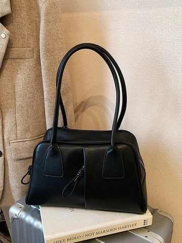 Women Large Capacity PU Leather Boston Bag Streetwear Commuter Shoulder Bag With Rabbit Pendant Pleated Square Handbag