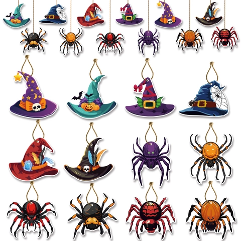 Decorazioni Appese per Halloween Cartone Animato Cappello da Mago Ragno Targhette in Cartone Fronte-Retro Con Corda Per Feste