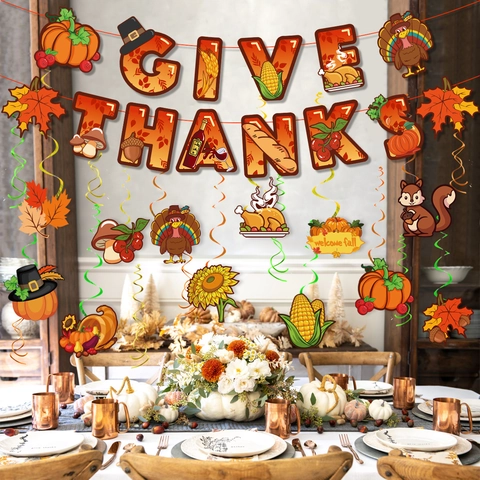 Thanksgiving Feest Decoratie Set Give Thanks Banner Herfst Oogst Hangende Spiralen Pompoen Kalkoen Cake Toppers Benodigdheden