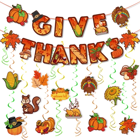 Thanksgiving Feest Decoratie Set Give Thanks Banner Herfst Oogst Hangende Spiralen Pompoen Kalkoen Cake Toppers Benodigdheden
