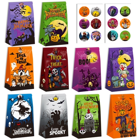 Halloween Paper Gift Bags Set With Stickers Trick Or Treat Party Supplies Pumpkin Ghost Printed Candy Snack Storage Bags