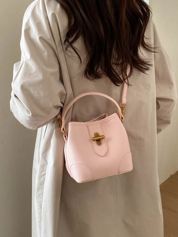 Bolso Cubo Vintage de Cuero PU para Mujer Color Sólido Minimalista Con Elegante Cierre Giratorio Dorado y Correa Ajustable