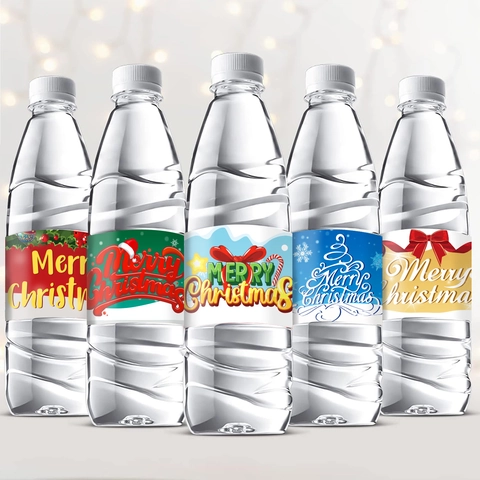 Christmas Water Bottle Labels Printed Santa Claus Snowman Reindeer Pattern Self Adhesive Waterproof Holiday Party Supplies Sticker Wrappers