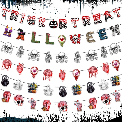 Halloween Horror Banner Set Trick Or Treat Lettering Bloody Skeleton Hand Organ Pull Flag For Party Home Decorations