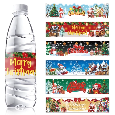 Christmas Water Bottle Labels Printed Santa Claus Snowman Reindeer Pattern Self Adhesive Waterproof Holiday Party Supplies Sticker Wrappers