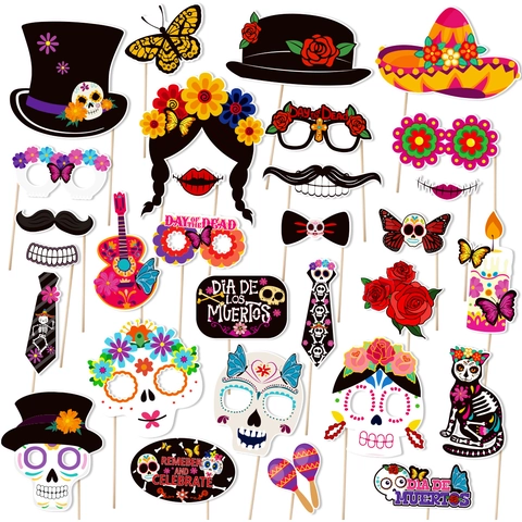 Day Of The Dead Photo Booth Props Sugar Skull Sombrero Guitar Flower Mexican Party Decoration Paper Cardstock Sticks