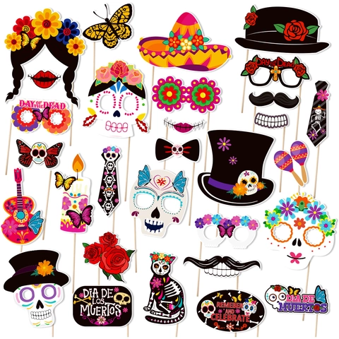 Day Of The Dead Photo Booth Props Sugar Skull Sombrero Guitar Flower Mexican Party Decoration Paper Cardstock Sticks
