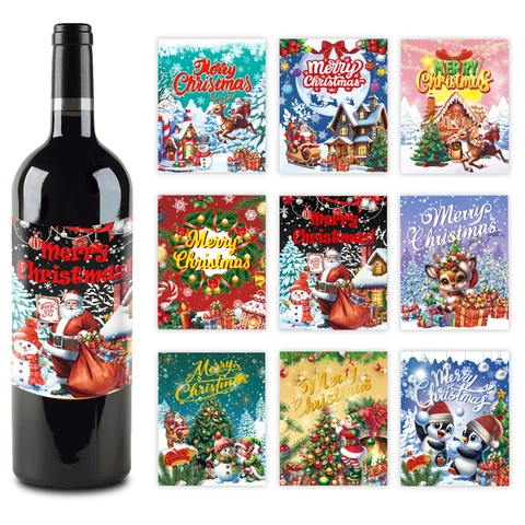 9 Pcs Autocollants Bouteille de Vin Noël Étiquettes Joyeux Noël pour Décorations Table Fête Noël Père Noël Bonhomme de Neige Renne Adhésifs