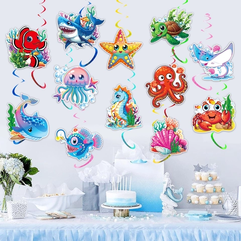 Decorazioni per Feste di Compleanno a Tema Oceano Animali Marini a Fumetti Spirali Appese Polpo Squalo Medusa Carta PVC Spirale