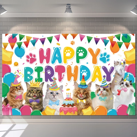 Polyester Cat Theme Birthday Party Backdrop Happy Birthday Banner With Cartoon Cats Balloons For Pet Celebration Decoration
