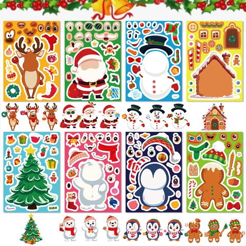 Adesivi Cartoon di Natale Fai da Te Per Bambini Babbo Natale Renna Pupazzo di Neve Adesivo Puzzle Decalcomanie Festa Regali