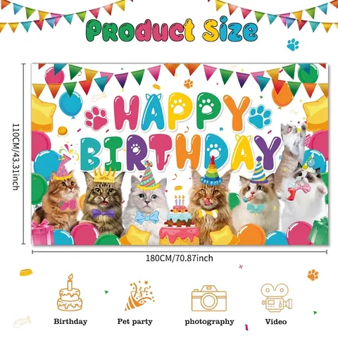 Polyester Cat Theme Birthday Party Backdrop Happy Birthday Banner With Cartoon Cats Balloons For Pet Celebration Decoration