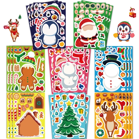 Adesivi Cartoon di Natale Fai da Te Per Bambini Babbo Natale Renna Pupazzo di Neve Adesivo Puzzle Decalcomanie Festa Regali