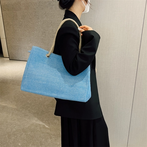 Borsa Tote in Tela da Donna di Grande Capacità Borsa a Tracolla Casual Con Manici in Corda Borsa da Pendolare Tinta Unita Street Trend Shopper Bag