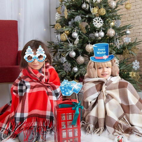 Accessoires de Photomaton Thème Hiver Neige Ensemble de Masques en Papier Drôles Motif Flocon de Neige Pour Décoration de Fête de Noël Enfants Adultes