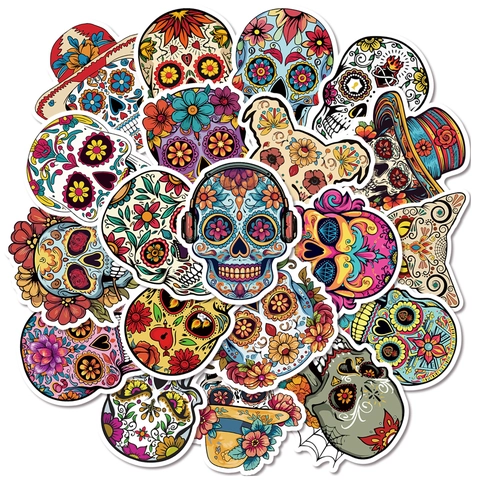 Mexican Day Of The Dead Sugar Skull Stickers Waterproof PVC Vinyl Printed Floral Skull Decals For Halloween Party Decoration