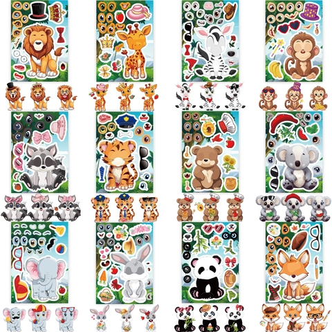 Jungle Animal Make A Face Stickers For Kids DIY Cartoon Safari Animal Stickers For Birthday Party Favors Educational Scrapbooking Decor
