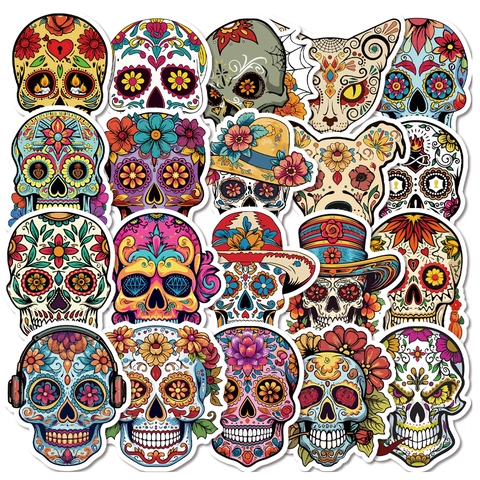 Mexican Day Of The Dead Sugar Skull Stickers Waterproof PVC Vinyl Printed Floral Skull Decals For Halloween Party Decoration