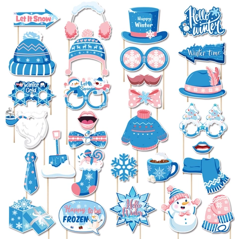 Accessoires de Photomaton Thème Hiver Neige Ensemble de Masques en Papier Drôles Motif Flocon de Neige Pour Décoration de Fête de Noël Enfants Adultes