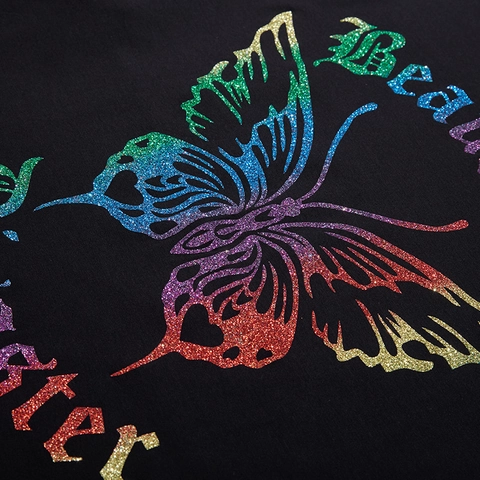 Maglietta da Uomo Streetwear Taglie Forti in Cotone con Stampa Farfalla Colorata Glitter Vestibilità Comoda Manica Corta Estate