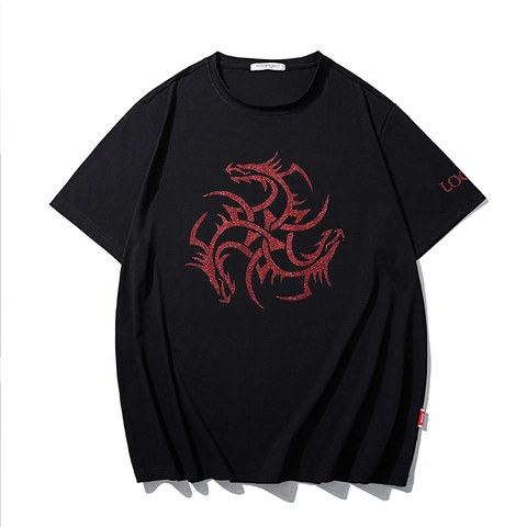 Heren Grote Maat Katoenmix Drakenprint Glitter Grafisch Tee Oversized Korte Mouw Zomer Casual Streetwear Zwart T-Shirt