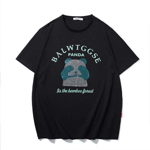 T-Shirt pour Homme Grande Taille avec Motif Panda en Strass Coupe Ample Mélange de Coton Manches Courtes Streetwear Top