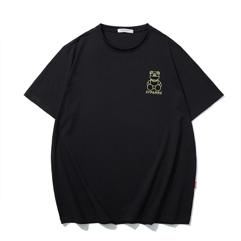 Herren Übergröße Baumwolle T-Shirt Trendig Cartoon Bär Stickerei Strass Rundhals Locker Kurzarm Sommer Tee Top