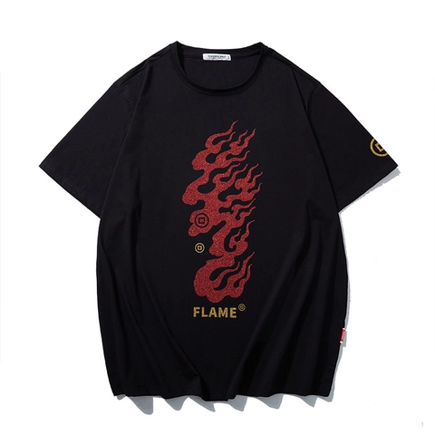 Heren Grote Maat Katoenen T-Shirt Vlam Bedrukt Streetwear Korte Mouw Ronde Hals Casual Losse Top