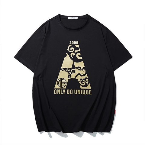 Herren Übergröße Baumwolle Bedrucktes T-Shirt Kurzarm Lockere Passform Rundhals Hip Hop Gold Buchstabe Grafik Tee Schwarz Top