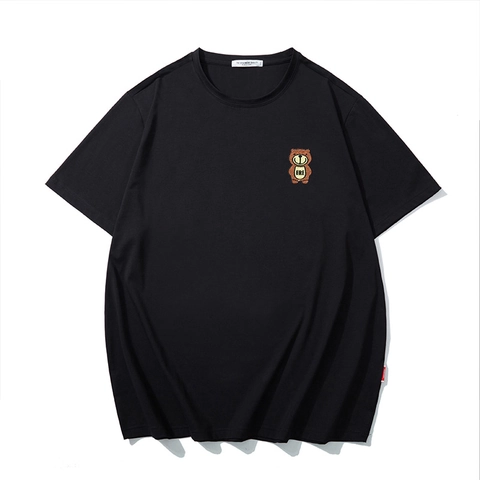Plus Size Men Cotton T-Shirt Loose Fit Cartoon Bear Embroidery Rhinestone Casual Short Sleeve Round Neck Black Streetwear Tee