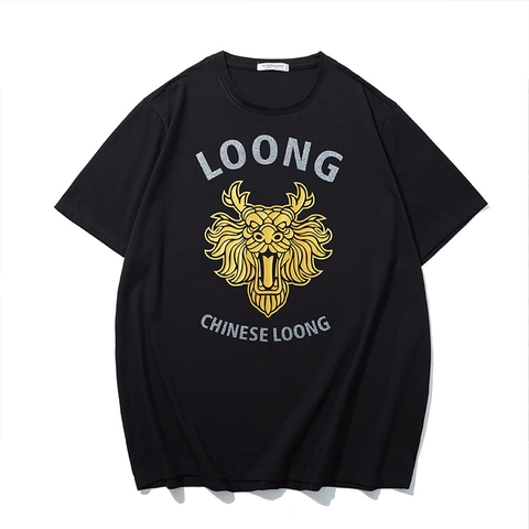 Maglietta da Uomo Taglie Forti Drago Cinese Stampa Foglia d'Oro Larga Manica Corta Cotone Top Nero Casual Hip Hop Oversized Tee