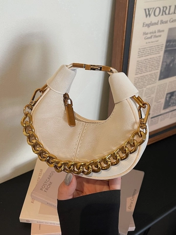 Women Fashion PU Leather Crescent Crossbody Bag Mini Lipstick Bag With Gold Metal Chain Trendy Versatile Dumpling Bag