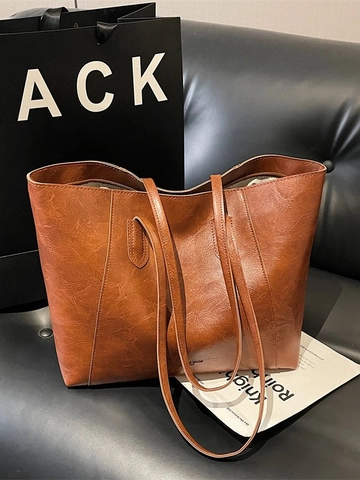 Bolso Tote de Cuero PU con Textura Vintage de Gran Capacidad para Mujer Bolso de Hombro Casual Retro para Oficina Bolso de Mano de Axila