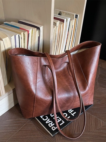 Bolso Tote de Cuero PU con Textura Vintage de Gran Capacidad para Mujer Bolso de Hombro Casual Retro para Oficina Bolso de Mano de Axila