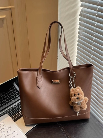 Bolso Tote de Cuero PU para Mujer de Gran Capacidad Bolso de Hombro de Viaje Diario Simple Con Colgante de Oso de Peluche
