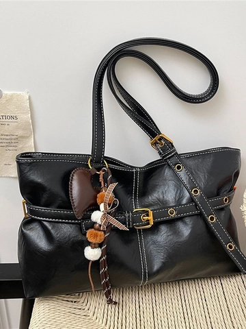 Borsa Tote da Donna in Pelle PU Vintage Grande Capacità Borsa Sottobraccio Cuciture a Contrasto Fibbia Decorativa Borsa a Tracolla Con Ciondolo a Cuore