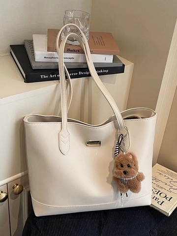 Bolso Tote de Cuero PU para Mujer de Gran Capacidad Bolso de Hombro de Viaje Diario Simple Con Colgante de Oso de Peluche