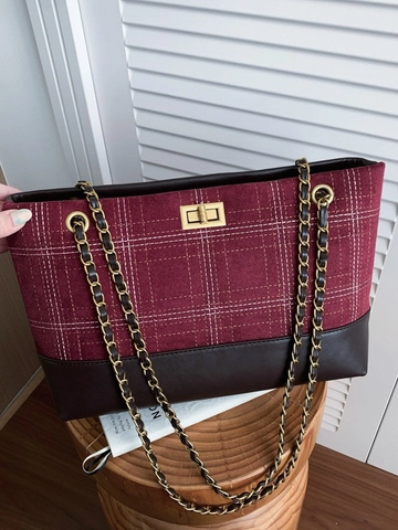 Sac Cabas Vintage en Cuir PU Patchwork pour Femmes Motif Plaid Grande Capacité Sac à Épaule Avec Bandoulière Chaîne et Fermoir Métallique