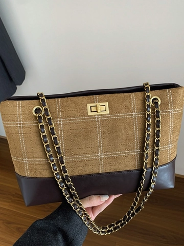 Sac Cabas Vintage en Cuir PU Patchwork pour Femmes Motif Plaid Grande Capacité Sac à Épaule Avec Bandoulière Chaîne et Fermoir Métallique